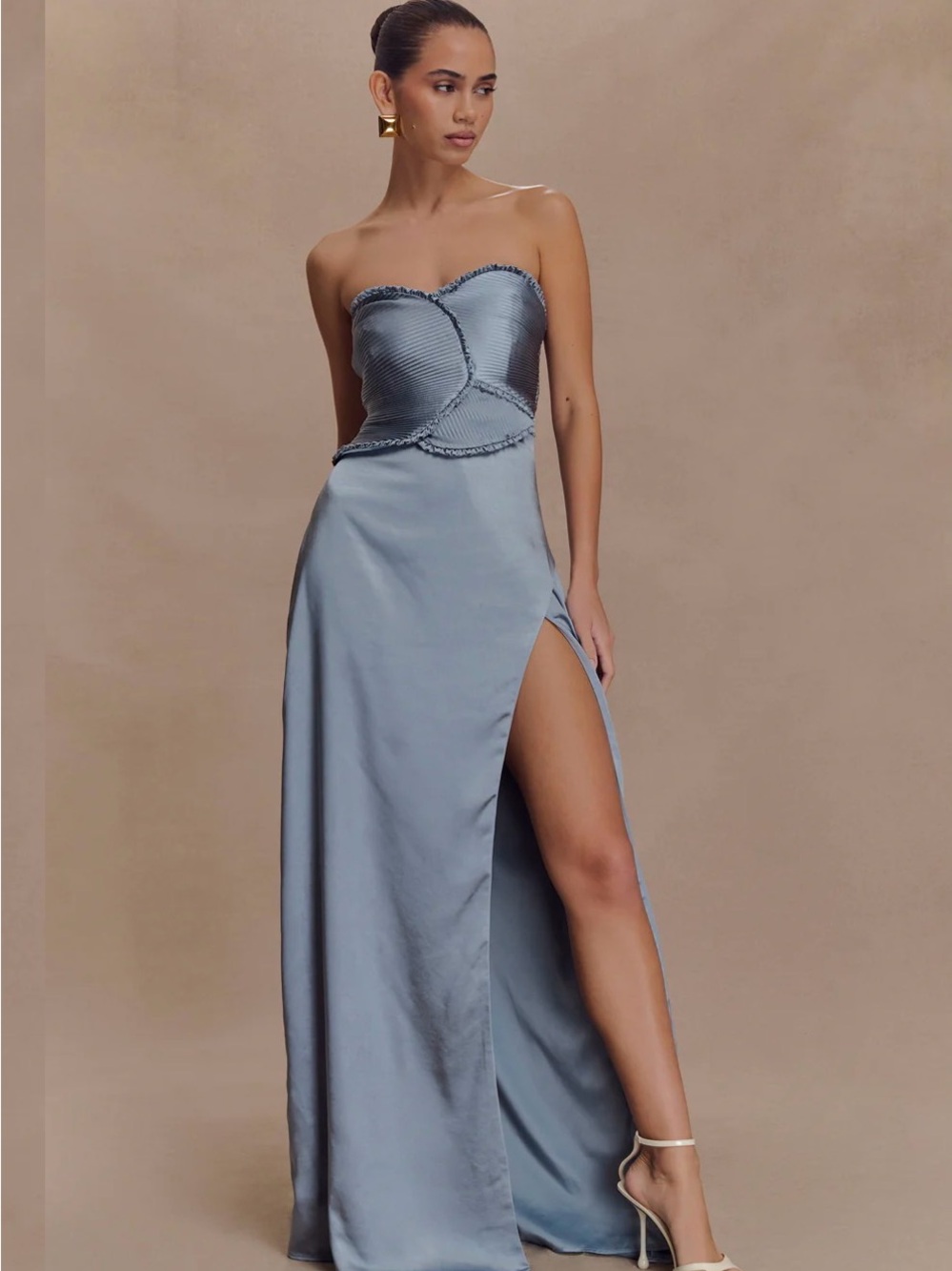 Meshki Strapless Light Blue Satin Maxi Dress with Side Slit - Picture 2 of 5